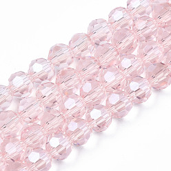 Pink Electroplate Glass Bead Strands, Pearl Luster Plated, Faceted(32 Facets), Round, Pink, 4mm