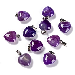 Natural Agate Natural Agate Pendants, with Platinum Brass Loops, Heart, Dyed & Heated, Purple, 18~19x15~15.5x6~8mm, Hole: 6x2.5~3mm