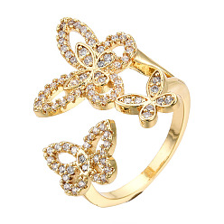Clear Cubic Zirconia Triple Butterfly Open Cuff Rings, Real 18K Gold Plated Brass Wide Ring for Women, Nickel Free, Clear, US Size 7 3/4(17.9mm)