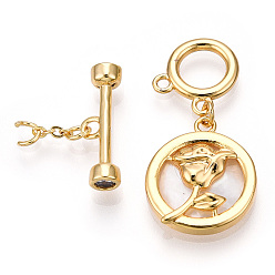 Real 18K Gold Plated White Shell Toggle Clasps, with Brass Findings, Flat Round with Rose, Real 18K Gold Plated, 41.5mm, T Clasps: 5.5x18x4mm, O Clasps: 12x12x1mm
