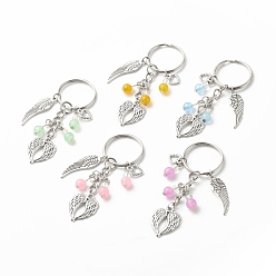 Antique Silver Natural & Dyed Malaysia Jade Keychain, with Tibetan Style Alloy Pendants and Iron Split Key Rings, Wing & Feather & Heart, Antique Silver, 7.2cm