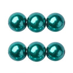 Teal Eco-Friendly Glass Pearl Beads Strands, Grade A, Round, Dyed, Cotton Cord Threaded, Teal, 14mm, Hole: 1.2~1.5mm, about 30pcs/strand, 15.7 inch
