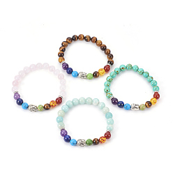 Mixed Stone Natural & Synthetic Mixed Stone Stretch Bracelets, Chakra Jewelry, with Mixed Stone and Resin Beads, Metal Findings and Burlap Packing, Round, Buddha, 2 inch~2-1/8 inch(5.2~5.5cm)