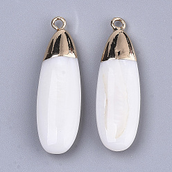 White Natural Freshwater Shell Pendants, with Golden Plated Brass Findings, Teardrop, White, 32~33.5x9~10.5x4~5mm, Hole: 1.6mm
