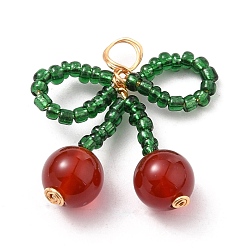 Green Glass Seed Beads Pendants, with Natural Red Agate Carnelian Beads and Copper Wire, Bowknot, Green & Red, Real 18K Gold Plated, 26x25x8mm, Hole: 4.5mm, Beads: 8mm