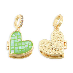 Light Green Brass Micro Pave Clear Cubic Zirconia Locket Pendants, with Natural Abalone Shell/Paua Shell, Dyed, Nickel Free, Real 18K Gold Plated, Heart Charm, Light Green, 17x17x8mm, Hole: 4x5.5mm