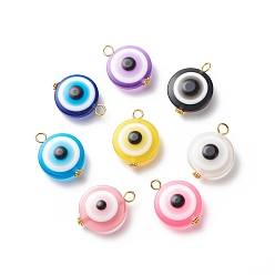Golden Transparent Evil Eye Resin Pendants, with Alloy Loops, Mixed Color, Flat Round Charm, Golden, 27~27.5x20x9.5mm, Hole: 3mm