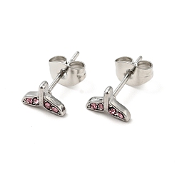 Light Rose Rhinestone Whale Tail Shape Stud Earrings with 316 Surgical Stainless Steel Pins, Stainless Steel Color Plated 304 Stainless Steel Jewelry for Women, Light Rose, 5.5x7.5mm, Pin: 0.8mm