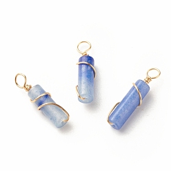 Blue Aventurine Natural Blue Aventurine Pendants, with Light Gold Tone Eco-Friendly Copper Wire Wrapped, Column, 20~21x5~5.5mm, Hole: 2.3~2.8mm