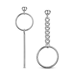Platinum SHEGRACE Stylish Rhodium Plated 925 Sterling Silver Stud Earrings, Asymmetrical Earrings, with Rings, Bar and Chain, Platinum, 40mm