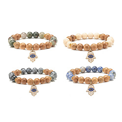 Mixed Stone Natural Wenge Wood & Gemstone Beaded Stretch Bracelet with Hamsa Hand with Evil Eye Charm, Yoga Jewelry for Women, Inner Diameter: 2-3/8 inch(6.1cm)