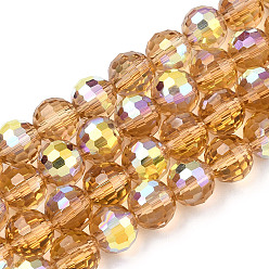 Verge D'or Transparentes perles de verre de galvanoplastie brins, facette, demi couleur ab plaqué, ronde, verge d'or, 8x7~7.5mm, Trou: 1.0mm, environ 71~72 pcs / brin, 20.20~21.85 pouce (51.3~55.5 cm)