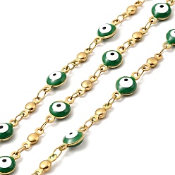 Dark Green Enamel Flat Round with Evil Eye Link Chains, with Gold Plated 304 Stainless Steel Findings, Unwelded, with Spool, Dark Green, 11x6x3mm, 8x3x2mm