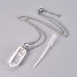 Platinum Natural Quartz Crystal Openable Perfume Bottle Pendant Necklaces, with Stainless Steel Cable Chain and Plastic Dropper, Bullet, Platinum, 19.21 inch(50.6cm), Bottle Capacity: 0.15~0.3ml(0.005~0.01 fl. oz), 2mm