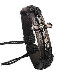 Черный Регулируемый крест с железными браслетами слово шнура плетеный кожаный, чёрные, 60 мм