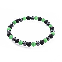 Lime Green Cat Eye Stretch Bracelets, with Natural Black Agate(Dyed) Beads and Non-Magnetic Synthetic Hematite Beads, Lime Green, 2-1/4 inch(5.7cm)