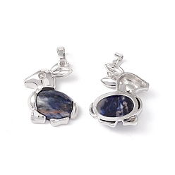 Sodalite Natural Sodalite Pendants, with Platinum Tone Brass Findings, Cadmium Free & Lead Free, Rabbit Charm, 29x22x7mm, Hole: 8x5mm