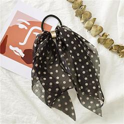 Black Polka Dot Pattern Cloth Elastic Hair Accessories, for Girls or Women, with Iron Findings, Hair Ties with Long Tail, Knotted Bow Hair Scarf, Black, 250mm