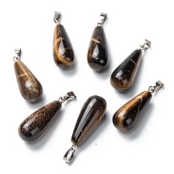 Tiger Eye Natural Tiger Eye Pendants, with Platinum Brass Findings, Teardrop, 26.5~29x10mm, Hole: 2.5~3.5x4~6mm
