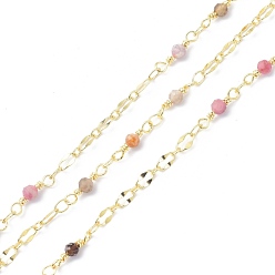 Tourmaline Brass & Natural Tourmaline Handmade Beaded Chain, with Spool, Long-Lasting Plated, Soldered, 9.5x3.5mm, about 10.93 yards(10m)/roll