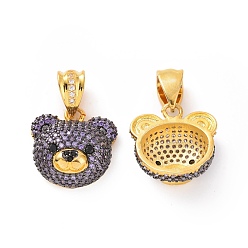 Lilac Brass Micro Pave Cubic Zirconia Pendants, Bear Head Charm, Real 18K Gold Plated, Lilac, 19x19x8mm, Hole: 5x8mm