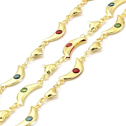 Real 18K Gold Plated Handmade Brass Glass Link Chain, Soldered, with Spool, Heart & Moon, Cadmium Free & Lead Free, Real 18K Gold Plated, Moon: 18x7x2mmm, Heart: 12x6.5x3mm