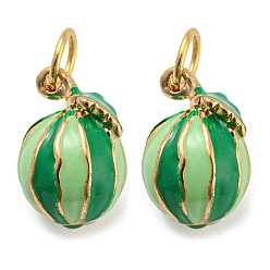 Green Watermelon Rack Plating Brass Enamel Charms, with Jump Ring, Long-Lasting Plated, Cadmium Free & Lead Free, Real 18K Gold Plated, Green, 12.5x8.5x7.5mm, Hole: 3.8mm