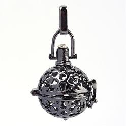 Gunmetal Rack Plating Brass Cage Pendants, For Chime Ball Pendant Necklaces Making, with Rhinestone, Hollow Round with Snowflake, Gunmetal, 29x25x20mm, Hole: 3x7mm, inner measure: 17mm