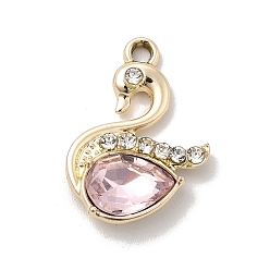 Pink UV Plating Alloy Pendants, with Crystal Rhinestone and Glass, Golden, Swan Charms, Pink, 21.5x15x4.5mm, Hole: 2mm
