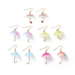 Mixed Color 5 Pairs 5 Color Acrylic Umbrella with ABS Plastic Beaded Dangle Earrings, 304 Stainless Steel Jewelry for Women, Mixed Color, 37mm, Pin: 0.6mm, 1 Pair/color