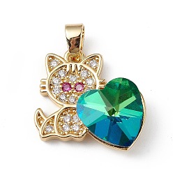Green Real 18K Gold Plated Rack Plating Brass Micro Pave Cubic Zirconia Pendants, with Glass, Long-Lasting Plated, Cadmium Free & Lead Free, Cat with Heart, Green, 21x19.5x7.5mm, Hole: 3.5x5mm