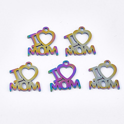 Rainbow Color Mother's Day Ion Plating(IP) 201 Stainless Steel Charms, Phrase I Love Mom, Rainbow Color, 13.5x13x1mm, Hole: 1.5mm