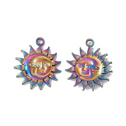 Rainbow Color Ion Plating(IP) 304 Stainless Steel Pendants, Sun with Human Face and Moon, Rainbow Color, 30x26x3mm, Hole: 3mm