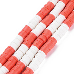 Mixed Color Fixed 2 Color Handmade Polymer Clay Bead Strands, Heishi Beads, Disc/Flat Round, Orange Red & White, 6x0.3~1.5mm, Hole: 1.6~1.8mm, about 265~354pcs/strand, 12.76 inch~15.67 inch(32.4cm~39.8cm)