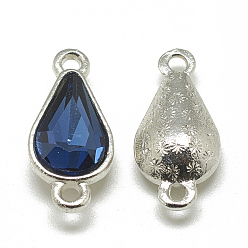 Prussian Blue Alloy Glass Links connectors, teardrop, Platinum, Prussian Blue, 21x10x5~6mm, Hole: 2mm
