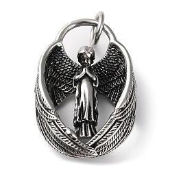 Antique Silver Ion Plating(IP) 304 Stainless Steel Pendants, with Jump Ring, Praying Angel Charm, Antique Silver, 38x25.5x9mm, Hole: 6.5mm
