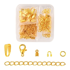 Golden DIY Jewelry Making Finding Kit, Including Zinc Alloy Lobster Claw Clasps, Iron Open Jump Rings & Folding Crimp Ends & End Chains, Brass Snap on Bails & Wire Guardian, Golden, 200Pcs/box