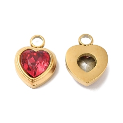 Crimson Ion Plating(IP) 304 Glass Charms, with Glass, Heart, Real 14K Gold Plated, Crimson, 16x12x6mm, Hole: 3mm