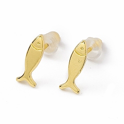 Настоящее золото 18K Латунные крошечные серьги-гвоздики в виде рыбок для женщин, реальный 18 k позолоченный, 9.5x3.5 мм, штифты : 0.8 мм