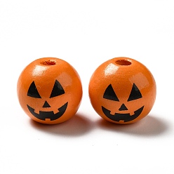 Naranja Cuentas de madera natural impresas con el tema de halloween, redondo con estampado de calabaza, naranja, 16x14.5 mm, agujero: 3.5 mm