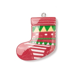 Christmas Socking Pendentifs en résine opaque sur le thème de noël, charmes de noël, avec boucles en fer couleur platine, chaussette de noël, 35x27.5x5.5mm, Trou: 1.8mm