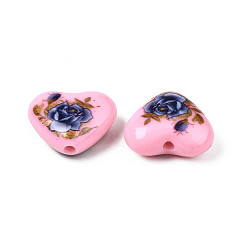 Pink Flower Printed Opaque Acrylic Heart Beads, Pink, 16x19x8mm, Hole: 2mm