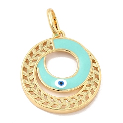 Pale Turquoise Brass Pendants, with Enamel, Real 18K Gold Plated, Long-Lasting Plated, Round Ring with Evil Eye Charm, Pale Turquoise, 36.5x32.5x3.5mm, Hole: 11x7.5mm