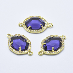 Mauve Brass Micro Pave Cubic Zirconia Links, with Glass, Faceted, Oval, Golden, Mauve, 26x16x5mm, Hole: 1.6mm