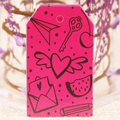 Rosa Oscura Etiquetas de regalo de papel, etiquetas de suspensión, para manualidades, Día de San Valentín, rectángulo con el modelo del corazón, de color rosa oscuro, 50x30x0.4 mm, agujero: 3 mm