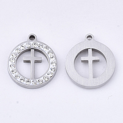Stainless Steel Color 201 Stainless Steel Pendants, with Polymer Clay Crystal Rhinestone, for Religion, Flat Round with Cross, Stainless Steel Color, 17x15x2mm, Hole: 1.6mm