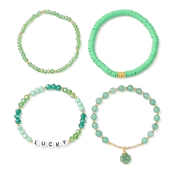 Green 4Pcs 4 Style Glass & Polymer Clay Beaded Stretch Bracelets Set with Clover Charms, Word Lucky Stackable Bracelets for Saint Patrick's Day, Green, Inner Diameter: 2-1/8 inch(5.5cm), 1Pc/style