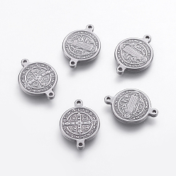 Stainless Steel Color 304 Stainless Steel Links connectors, Flat Round with Cssml Ndsmd Cross God Father/Saint Benedict, for Easter, Stainless Steel Color, 12x17x1.5mm, Hole: 1mm