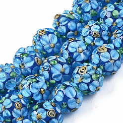 Dodger Blue Handmade Lampwork Beads Strands, Bumpy, Round with Flower, Dodger Blue, 12~13x11~12mm, Hole: 1mm, about 45pcs/strand, 19.29 inch(49cm)