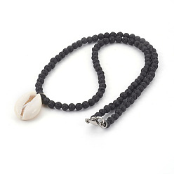 Noir Colliers pendentif coquille cauris, avec des perles rondes en pierre de lave naturelle et 304 fermoirs à pince de homard en acier inoxydable, noir, 18.1 pouce (46 cm)